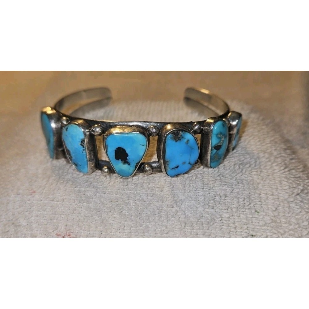 Navajo Turquoise Rock Vintage Sterling Silver Cuff Native American Handmade 25g